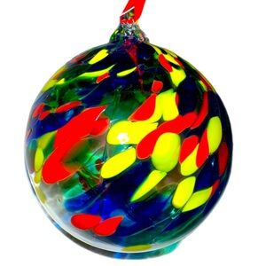 HUTA SZKLA Rogi Hand Blown 6" Glass Ornaments Hand made in Poland Blue Yellow